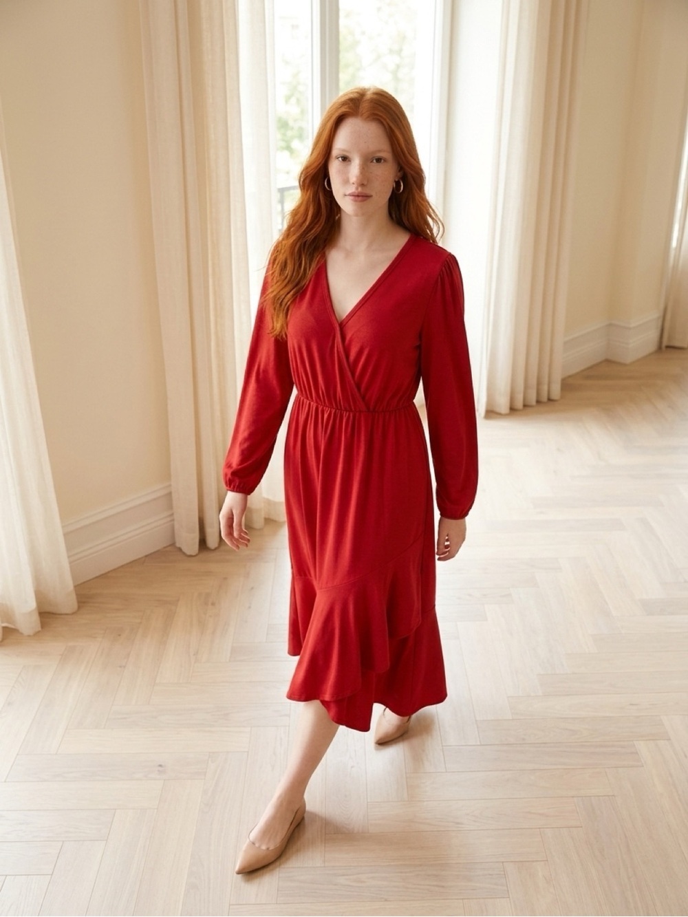 Orange V-Neck Long Sleeve Midi Dress | Maternity Dress - Picture 3 of 10